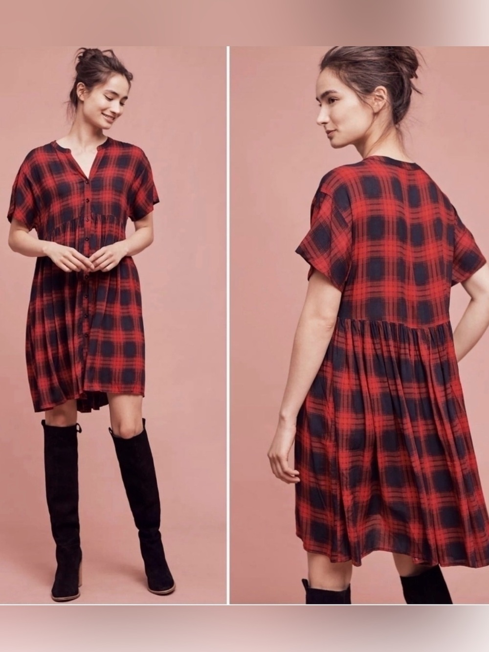 Anthropologie 11 1 TYLHO Mona Plaid Button Front Dress Small Western Prairie Red